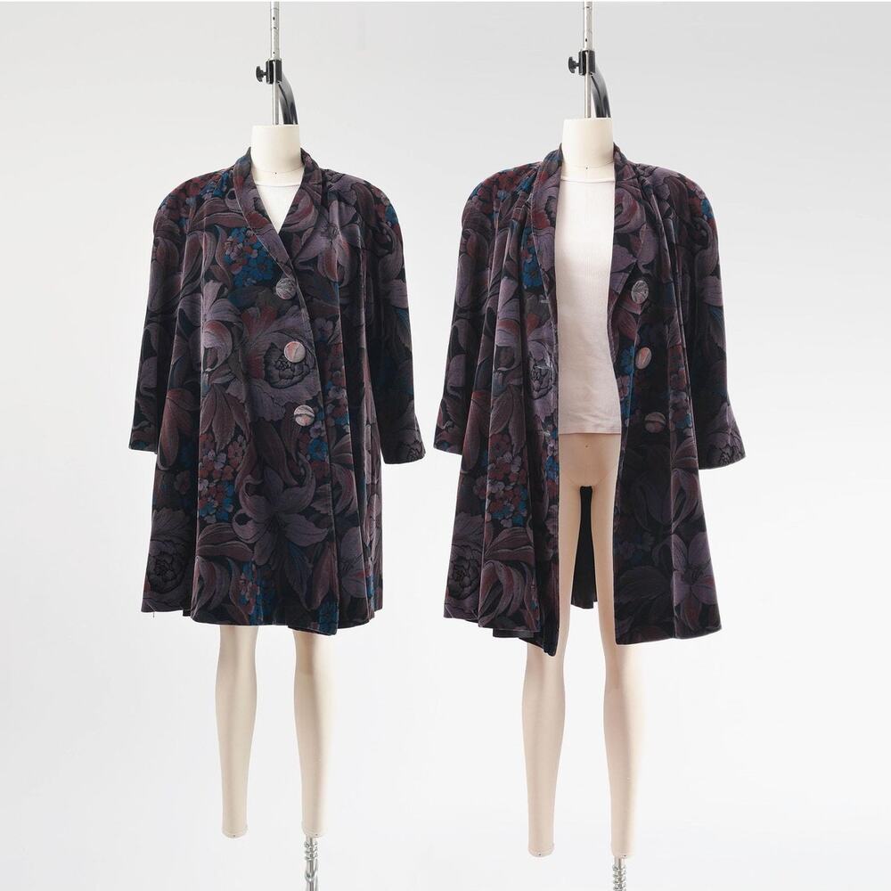 Vintage 80s Floral Cotton Velvet Swing Coat Jacket size S M